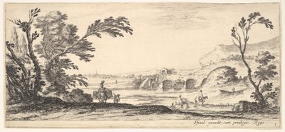 Tafel 3: zwei Reiter überqueren einen Fluss nach rechts, eine Frau mit zwei Körben auf einem Esel, ca. 1641 von Stefano della Bella