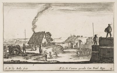 Platte 4: Ein militärisches Lager mit einem Soldaten, der auf einem Wall steht, ca. 1641 von Stefano della Bella