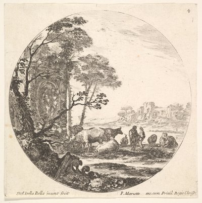 Tafel 4: Ein korinthisches Kapitell auf dem Boden links im Vordergrund, ein Denkmal w..., ca. 1643-48 von Stefano della Bella
