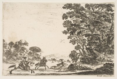 Tafel 4: Eine Hirschjagd, zwei Reiter galoppieren nach links hinter drei Hunden und einem Hirsch, 1642 von Stefano della Bella
