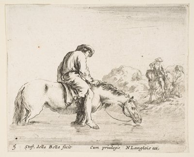 Tafel 5: ein barfüßiger Bauer zu Pferd überquert einen Fluss, ein anderer Bauer zu Pferd..., ca. 1644-47 von Stefano della Bella