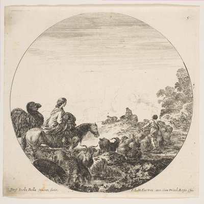 Platte 5: eine Frau trägt ein Kind auf einem Pferd links, ein Kamel folgt ihr, eine Herde von..., ca. 1646 von Stefano della Bella
