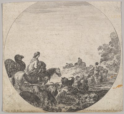 Tafel 5: eine Frau trägt ein Kind auf einem Pferd nach links, ein Kamel folgt ihr, eine Herde von Stefano della Bella