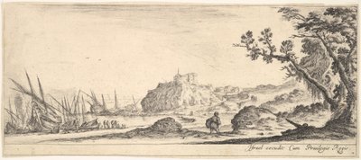 Tafel 7: verschiedene Boote am Ufer links, ein Mann trägt eine Tasche, von hinten gesehen, ca. 1641 von Stefano della Bella