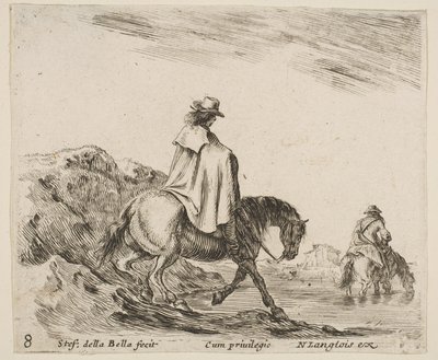 Platte 8: Ein Reiter steigt einen Flussufer hinab, ein anderer Reiter im Fluss rechts, aus ..., ca. 1644-47 von Stefano della Bella