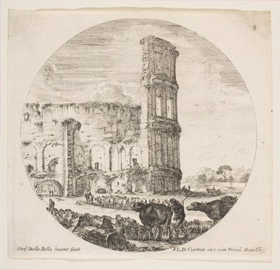 Tafel 8: das Kolosseum, zwei Herden werden zum Amphitheater geführt, ca. 1646 von Stefano della Bella