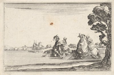 Tafel 8: zwei Reiter mit Hüten rechts, jeder mit einer Frau hinter sich, reitend von Stefano della Bella