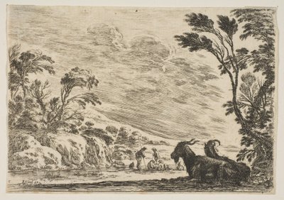 Platte 9: Zwei Ziegen ruhen rechts, nach links gewandt, vier Männer und ein Pferd im Hintergrund, 1642 von Stefano della Bella