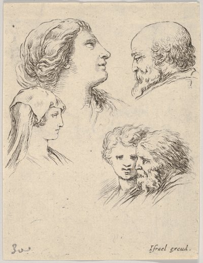 Fünf Köpfe, zwei junge Frauen links, ein bärtiger Mann oben rechts, eine junge Frau..., ca. 1649 von Stefano della Bella