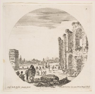 Tafel 9: der Konstantinsbogen links, ein Teil des Kolosseums rechts, verschiedene Pferde..., ca. 1646 von Stefano della Bella