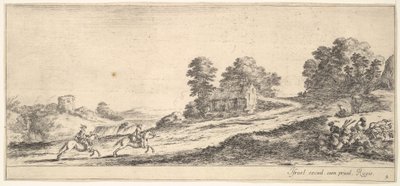 Tafel 9: zwei Reiter links galoppieren den Hügel hinauf nach rechts, ein Pferd und ein sitzender Mann, ca. 1641 von Stefano della Bella