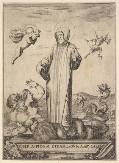 Heiliger Jean Gualbert, der ein Monster mit zwei menschlichen Köpfen und einem schlangenartigen Körper zertritt, ein fliegendes Wesen, 1640 von Stefano della Bella
