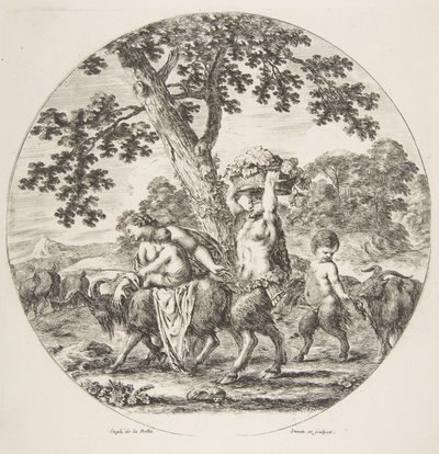 Satyrfamilie geht nach links mit zwei Ziegen und einem Korb Trauben von Stefano della Bella