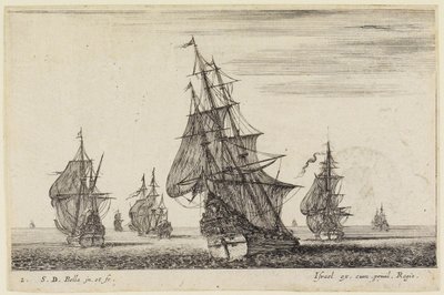 Seestücke: Segel setzendes Schiff im Vordergrund, weitere im Hintergrund von Stefano della Bella