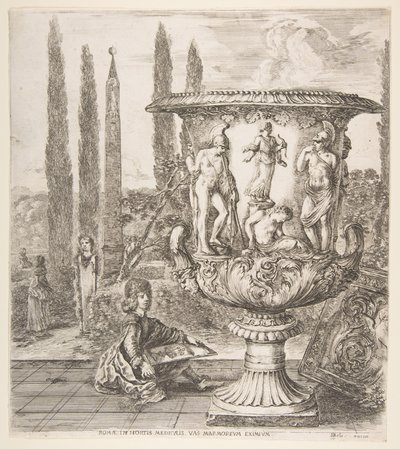 Die Medici-Vase, eine große Vase rechts, dekoriert mit einer Darstellung des Opfers von Stefano della Bella