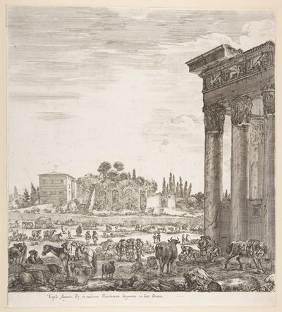 Die Säulen des Tempels des Antoninus rechts, ein Teil des Campo Vaccino in der Mitte und..., 1656 von Stefano della Bella