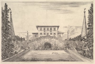 Die Villa mit vier Obelisken, einer Treppe zu beiden Seiten, einer Statue..., ca. 1653 von Stefano della Bella