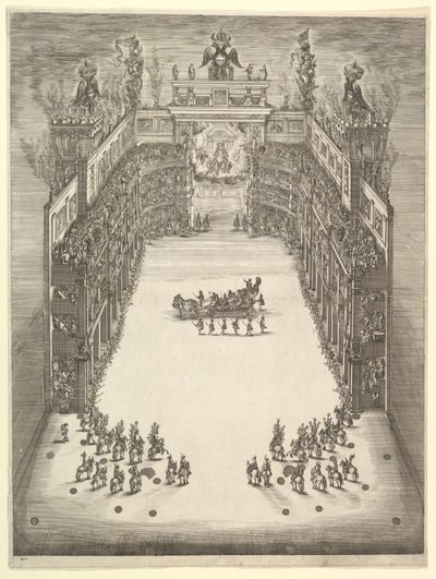 Theater in Modena, von oben gesehen und mit Zuschauern gefüllt, mit einem Triumphwagen in der Mitte von Stefano della Bella