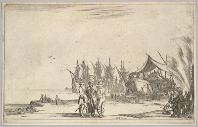 Drei Männer mit Hüten in der Mitte, Männer reparieren ein Schiff rechts, fünf Schiffe und verschiedene von Stefano della Bella