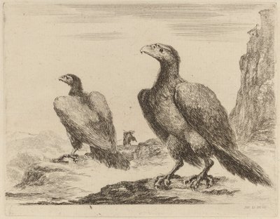 Zwei Adler, beide mit nach links gedrehten Köpfen, auf einer hohen Klippe von Stefano della Bella