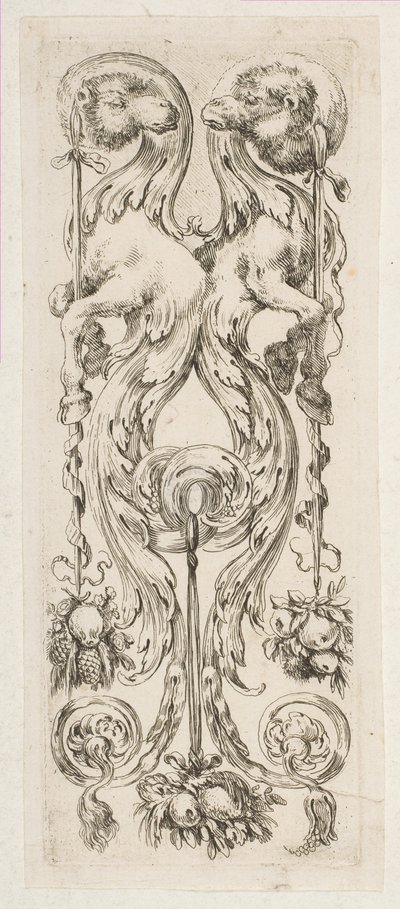 Zwei gegenüberliegende Kamelköpfe mit Körpern, die in Ornament enden, ca. 1653 von Stefano della Bella