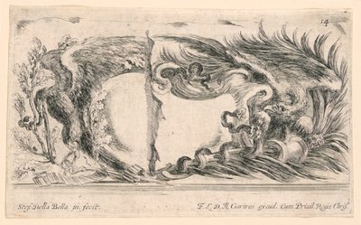 Zwei Hälften von Wappenschilden, Nr. 14 aus "Raccolta di varii cappriccii et nove inventioni di cartelle et ornamenti" von Stefano della Bella