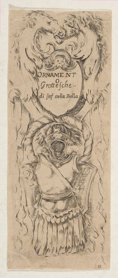 Zwei Pferdeköpfe rahmen ein Schild, ca. 1653 von Stefano della Bella
