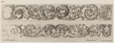 Zwei Zierbänder mit gegenüberliegenden Köpfen von Löwe und Adler und zwei Widdern, wahrscheinlich 1648 von Stefano della Bella