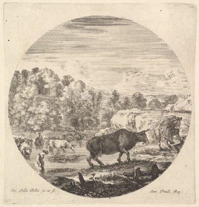 Zwei Kühe in der Mitte, gefolgt von zwei Bäuerinnen und anderen Kühen im Fluss, ca. 1643-48 von Stefano della Bella