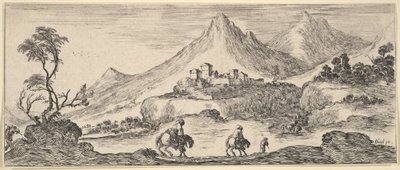 Zwei Reiter steigen in der Mitte einen Hügel hinab, einem anderen Mann zu Fuß folgend, eine Burg im Hintergrund, ca. 1641 von Stefano della Bella