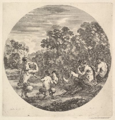 Zwei Satyrn und ein Faun sitzen rechts und beobachten zwei Kindersatyrn und einen weiteren Satyr, ca. 1643-48 von Stefano della Bella