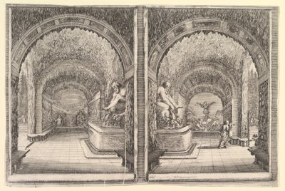 Zwei Ansichten einer Grotte, beide Ansichten mit einem Brunnen mit einer sitzenden Statue, ca. 1653 von Stefano della Bella