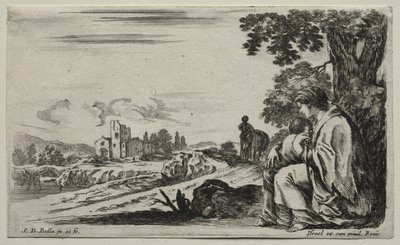 Verschiedene Figuren und Landschaften: Eine arme Krankenschwester sitzt unter einem Baum von Stefano della Bella