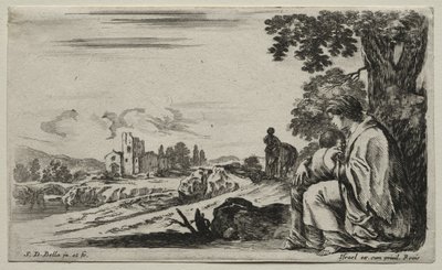 Verschiedene Figuren und Landschaften: Eine arme Krankenschwester sitzt unter einem Baum von Stefano della Bella