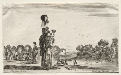 Verschiedene Figuren und Landschaften: Frauen beobachten Badende entlang eines Flusses von Stefano della Bella