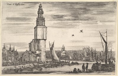 Ansicht von Amsterdam, ein Turm und Häuser links, Männer stehen auf dem Pier, 1647 von Stefano della Bella