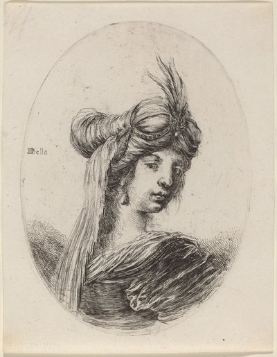 Frau mit gefiedertem Turban und Schleier, nach rechts gewandt von Stefano della Bella