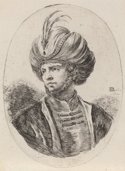 Junger Mohr mit leichtem Bart und gefiedertem Turban, nach links gewandt, 1650 von Stefano della Bella