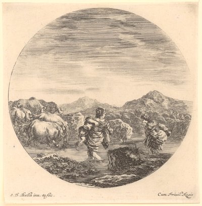 Zwei Frauen mit einer Kuhherde bei der Flussüberquerung, Blatt 4 der Folge "Sechs Tiermotive in runder Darstellung" von Stefano della Bella