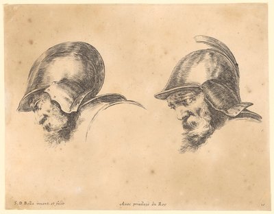 Zwei Porträts bärtiger Männer mit Helm im Profil nach links von Stefano della Bella