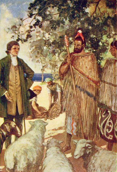 Kapitän Cook (1728-79) präsentiert den Eingeborenen einige Schafe und Ziegen, Illustration aus 