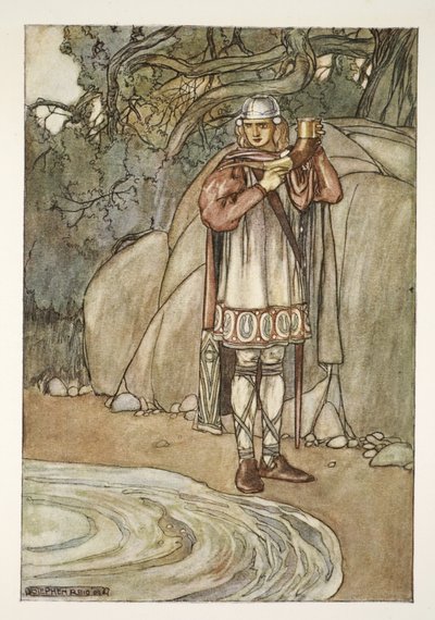 Dermot nahm das Horn und wollte es füllen, Illustration aus 
