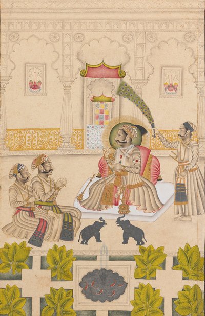 Maharana Amar Singh II zeigt zwei silberne Elefanten, ca. 1705 von Stipple Master