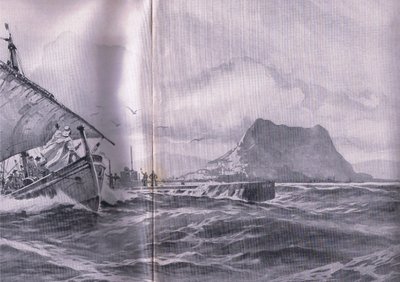 Deutsches U-Boot durchquert die Straße von Gibraltar auf dem Weg zu den Dardanellen, aus Die illustrierte Geschichte des Weltkriegs 1914-1915, veröffentlicht von Union Berlagsefellfchaft von Willy Stoewer 