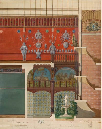 Architektonische Zeichnung des Inneren des Hauses des Comte de Nieuwerkerke, ca. 1870 von Studio of Hector Martin Lefuel.