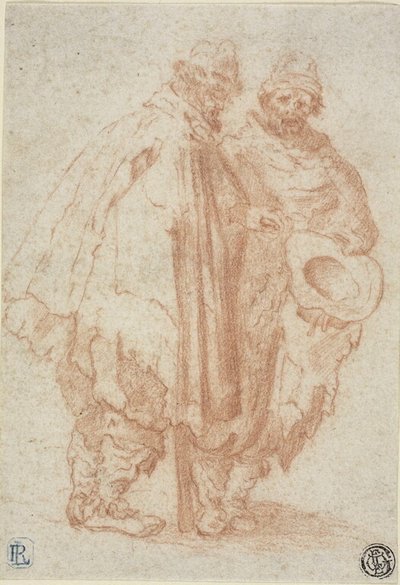 Zwei bärtige Männer in zerlumpten Mänteln von Style of Jacques Callot