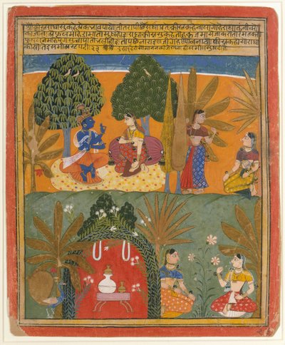 Krishna und Radha mit ihren Vertrauten: Seite aus einem verstreuten Gita Govinda, ca. 1655-60 von Style of Manohar