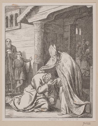 Bischof Vilhelm empfängt den reuigen Svend Estridsen an der Kirchentür von Södergren