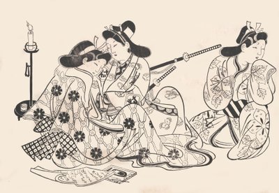Samurai und Kurtisane sitzen, ein Diener neben ihnen von Sugimura Jihei
