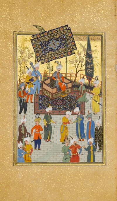 Khusrau auf seinem Thron sitzend, Folio 64 aus einem Khamsa-Quintett von Nizami, A.H. 931 A.D. 1524-25 von Sultan Muhammad Nur, Mahmud Muzahhib, Shaikh Zada